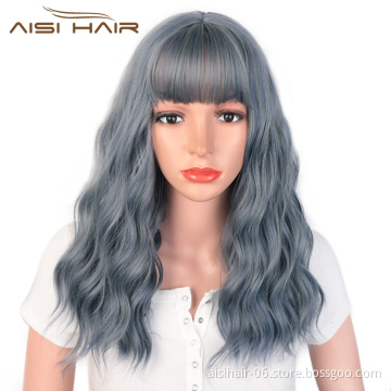 Aisi Hair Synthetic Nature Blue Body Wave Long Wavy Bang Wig Heat Resistant Fiber Wigs for White Black Women Cosplay Party Wigs